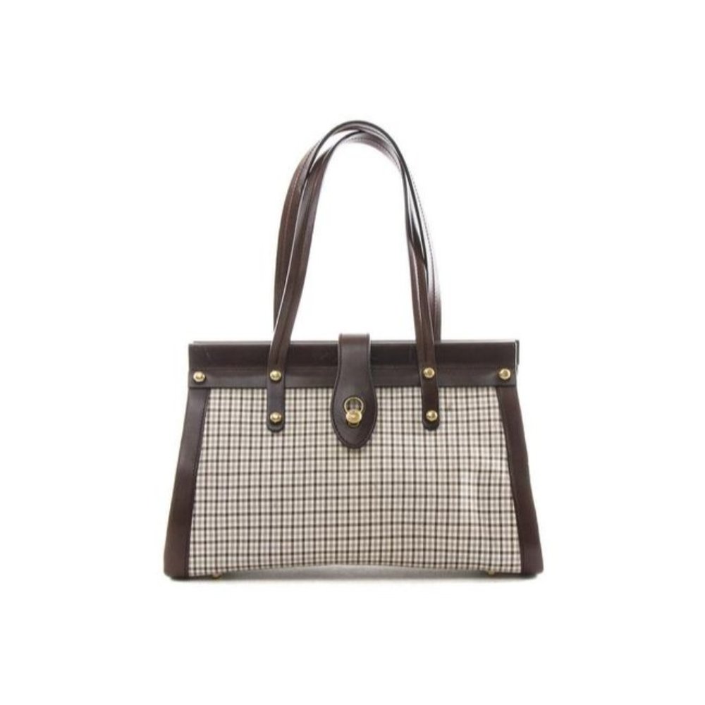 Bally Vintage Brown Leather And Bluish Grey Plaid Canvas Satchel